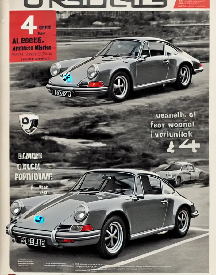 Image similar to porsche 9 1 1 on a 1 9 6 0 cover of automotive magazine