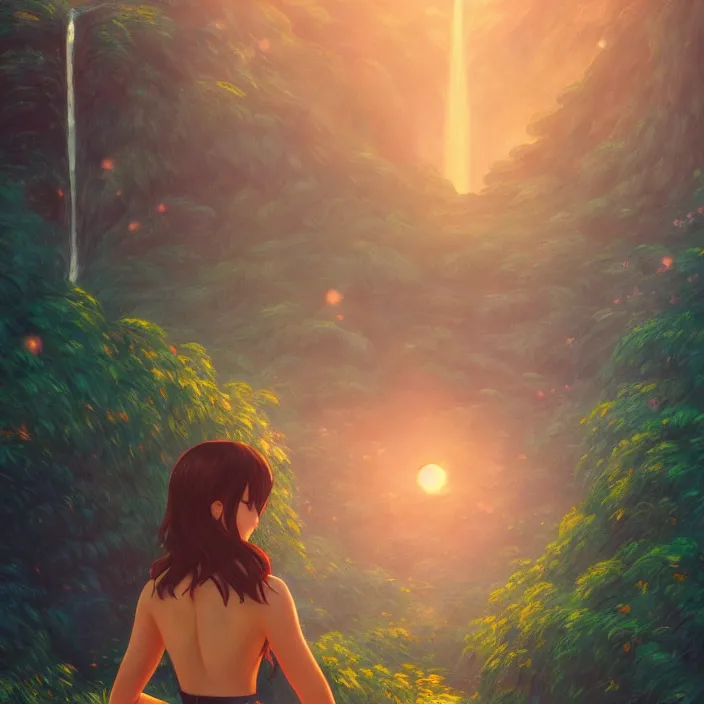 Image similar to an epic makoto shinkai and renoir landscape with a hawaiian waterfall, golden hour, 🌺, a beautiful woman with long brown hair, ultra smooth, octane render, lois van baarle, ilya kuvshinov