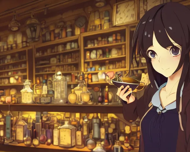 Image similar to anime visual, portrait of a young female traveler drinking a potion in a alchemist's shop interior, cute face by yoh yoshinari, katsura masakazu, cinematic lut, cool studio lighting, dynamic pose, dynamic perspective, strong silhouette, anime cels, ilya kuvshinov, cel shaded, crisp and sharp, rounded eyes, moody