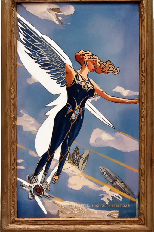 Image similar to a valkyrie taking flight, art deco