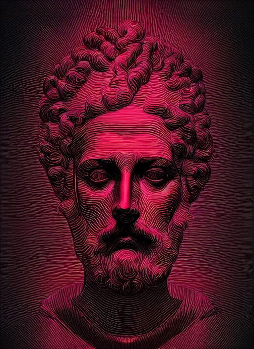 Image similar to dark design poster showing a statue of marcus aurelius, black background with very subtle red and purple design elements, powerful, nekro, vito acconci, thin straight lines, dark, glitch art, neo vaporwave, gritty, layout frame, square, trending on artstation