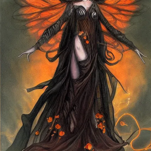 Prompt: painting in style of brian froud, dark angel of coffee, the super hot and sexy, shiny black dress, orange glowing halo around her head, black wings, huge cup of coffee