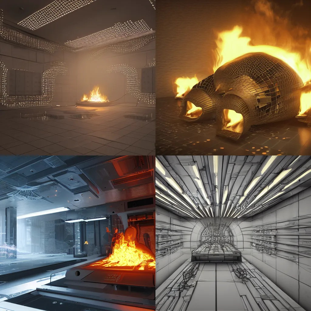 Prompt: a detailed photorealistic 3d render of a futuristic server on fire, giger, escher, dali, wide angle, rack lighting, muted color scheme, hyper realism, 8k, octane render, volumetric lighting, vray