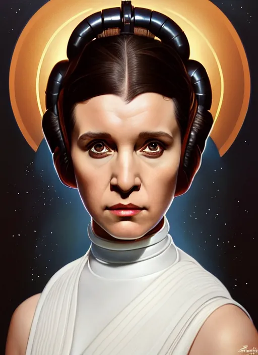 Image similar to symmetry!! portrait of princess leia organa, intricate, elegant, highly detailed, digital painting, artstation, concept art, smooth, shallow focus, illustration, art by artgerm and greg rutkowski and alphonse mucha, 8 k