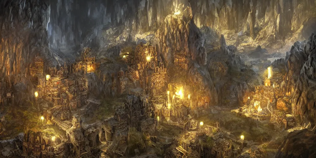 Image similar to An underground dwarven city as Far Cry 4 concept art, cavern, beautiful, dwarven architecture, concept art by Viktor Vasnetsov, concept art, Lord of the Rings Moria, dark lighting, soft pastel by Ivan Shishkin, Dimitri Desiron and Antonio Lopez Garcia, hyperborea, high resolution, trending on artstation,