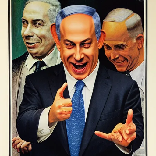 Image similar to benjamin netanyahu laughing and pointing at computer monitor, in office, by norman rockwell