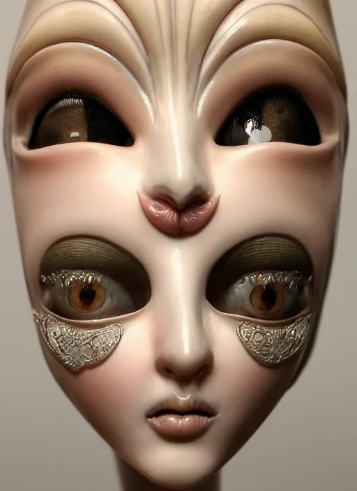 Image similar to closeup portrait a beautiful woman wearing a porcelain mask, moebius : 1 0, mark ryden : 5, popovy sisters : 1 0, intricate, hyperdetailed, bjd, trending on artstation : 3