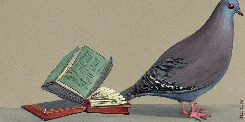 Prompt: detailed painting of a pigeon reading a book