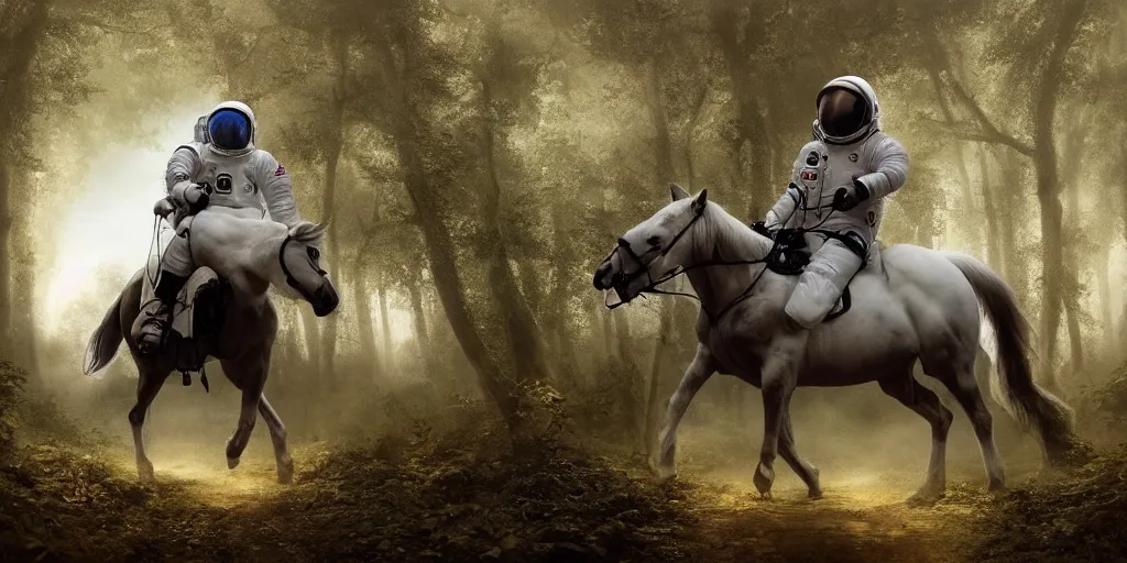 Prompt: an astronaut riding on the back of a white horse through a forest, a detailed matte painting by frieke janssens, featured on cgsociety, fantasy art, matte painting, reimagined by industrial light and magic, matte drawing