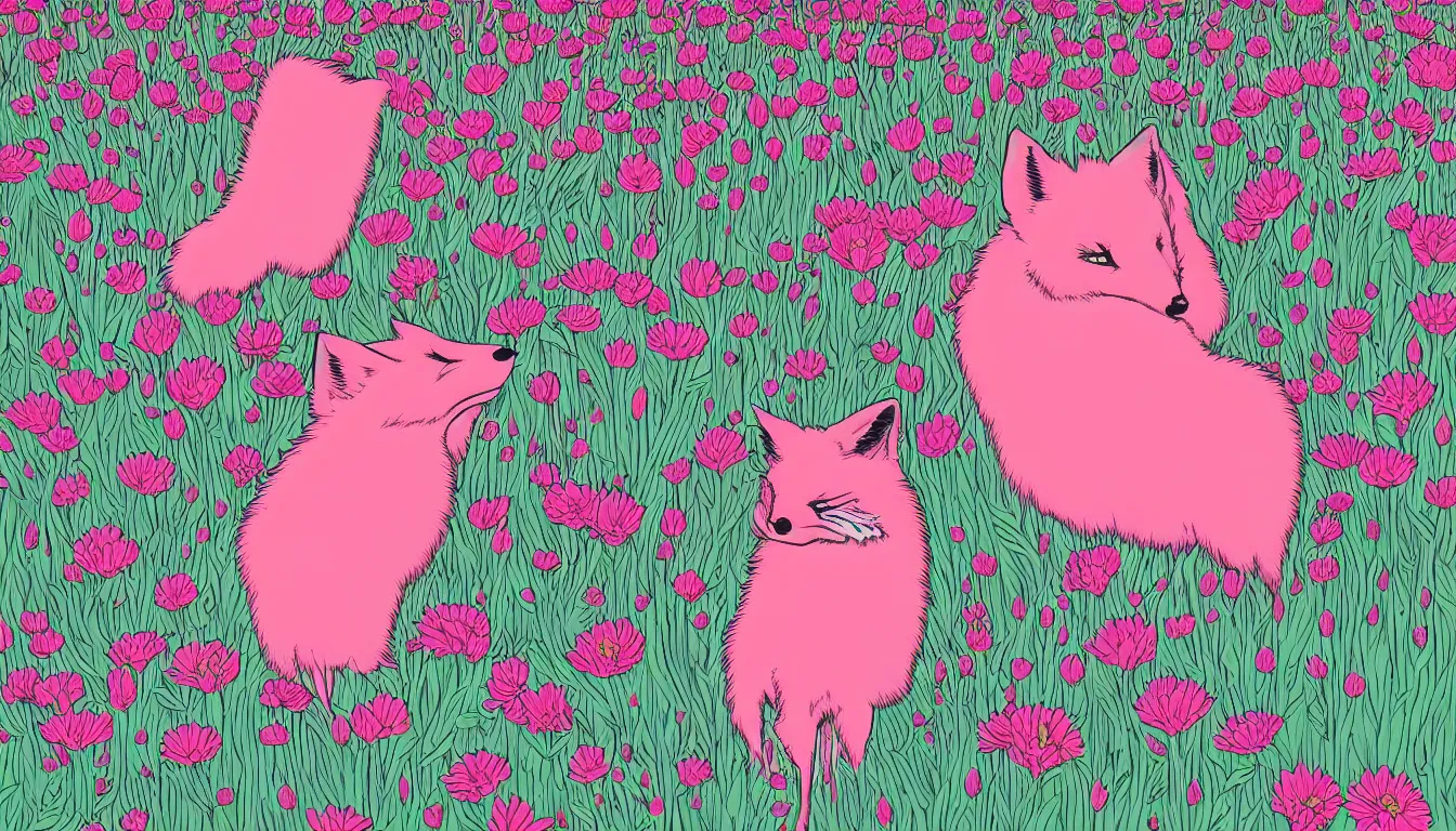 Prompt: pink fox head popping out of a field of flowers by Kilian Eng, minimalist, detailed