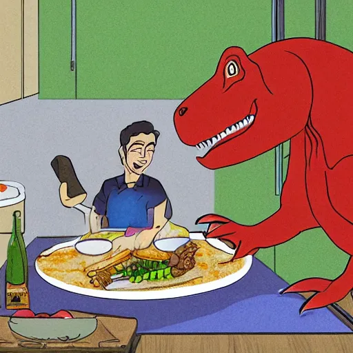 Prompt: a trex cooking dinner, illustration