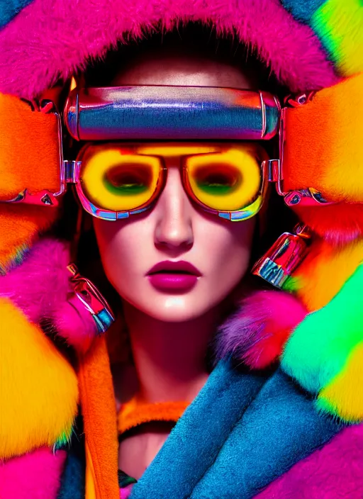 Image similar to coat for a rave, bright colors, many details, prints, photo for a magazine, photo for a store, fashion photography, Vogue, 135 mm, cinematic, hyper realism, high detail, octane render, 8k, chrome accents, very coherent symmetrical artwork, perfect face model