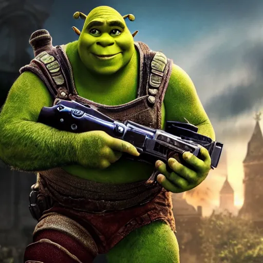 Image similar to Shrek!! as Shrek!! in 'Gears of War', splash art, movie still, cinematic lighting, detailed face, dramatic, octane render, long lens, shallow depth of field, bokeh, anamorphic lens flare, 8k, hyper detailed, 35mm film grain