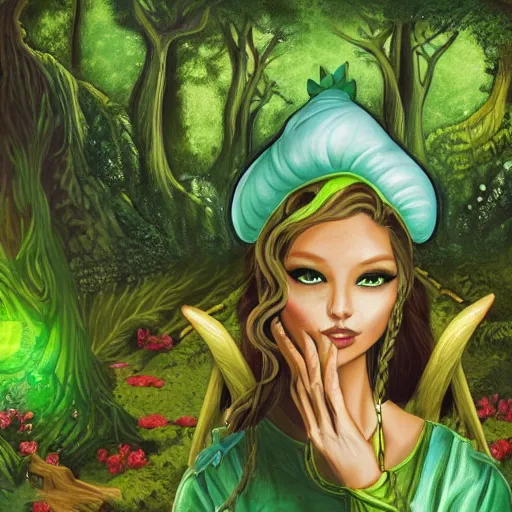 Image similar to a green genie surrounded by forest, fantasy illustration