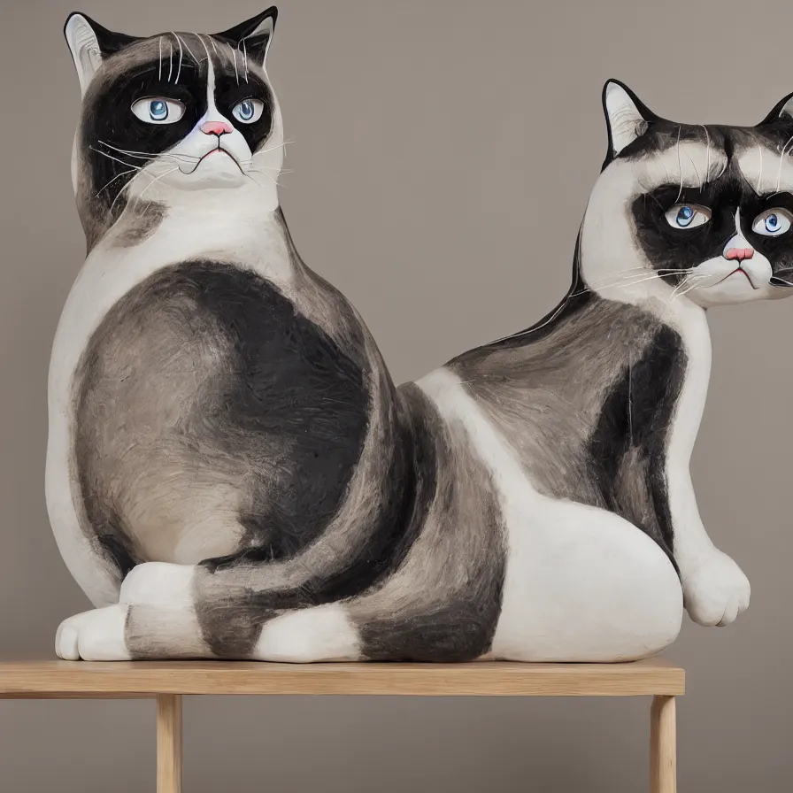 Prompt: beautiful gallery show studio photograph of a giant realistic curvy ceramic sculpture of grumpy cat!!!!!, heavily glazed by bridget riley and victor vasarely, placed on a polished wooden table, colorful hyperrealism 8 k trending on artstation