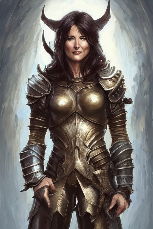 Image similar to a finely detailed portrait of Lucy Lawless, clothed in battle armor, olive skin, long dark hair, beautiful bone structure, symmetrical facial features, intricate, elegant, digital painting, trending on Artstation, concept art, smooth, sharp focus, illustration, from World of Warcraft, by Ruan Jia and Mandy Jurgens and Artgerm and william-adolphe bouguerea, award winning