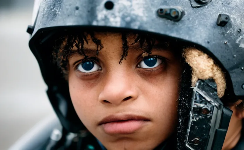 Prompt: cinestill 5 0 d candid photographic portrait by helen levitt of a mixed teen wearing rugged black mesh techwear riding on a dirtbike through an airport under siege, extreme closeup, modern cyberpunk moody emotional cinematic, snow storm, 8 k, hd, high resolution, 3 5 mm, f / 3 2, ultra realistic faces, ex machina