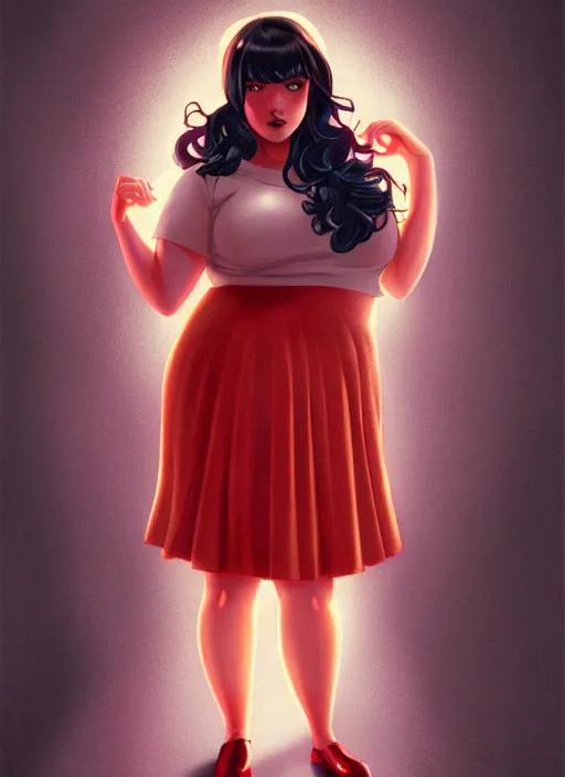 Image similar to full body portrait of teenage veronica lodge, obese, bangs, sultry, realistic, sultry smirk, wavy hair, red skirt, fat, belly, intricate, elegant, glowing lights, highly detailed, digital painting, artstation, concept art, smooth, sharp focus, illustration, art by wlop, mars ravelo and greg rutkowski