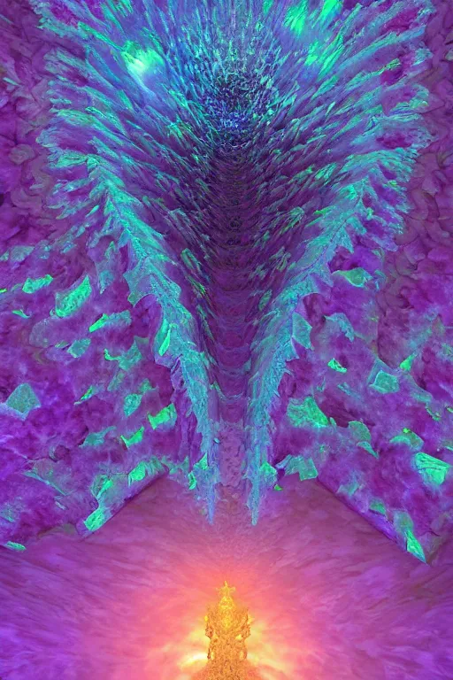 Image similar to a crystalline 3 d mandelbulb fractal in the shape of a monster, bioluminescent opal, fractal, magnificent lighting, ethereal, ray tracing, octane, holographic