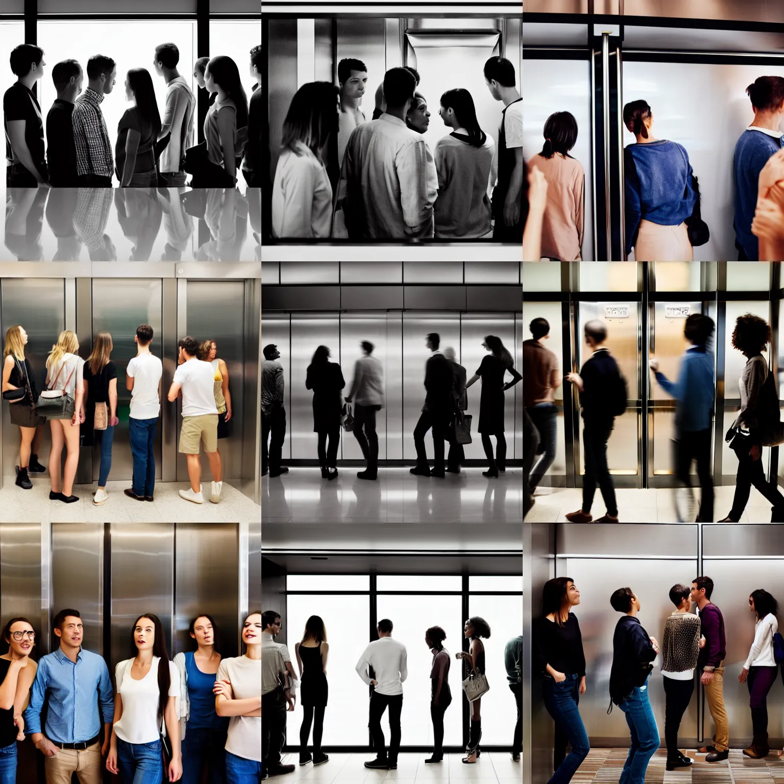 Prompt: group of people in an elevator, side view, facing the camera,