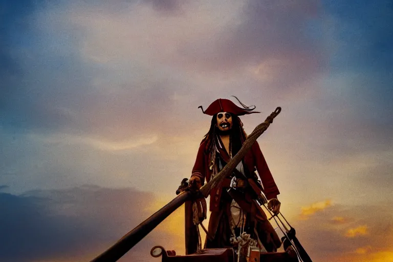 Image similar to portrait of captain jack sparrow sailing into the sunset on a pirate ship