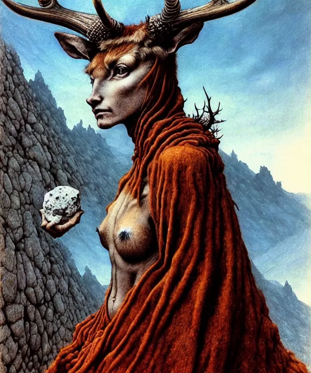 Image similar to A detailed horned deerwoman stands among the mountains with a pebble in hand. Wearing a ripped mantle, robe. Extremely high details, realistic, fantasy art, solo, masterpiece, art by Zdzisław Beksiński, Arthur Rackham, Dariusz Zawadzki