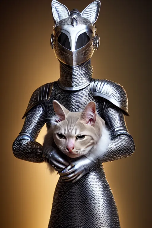 Image similar to female knight wearing a real cat on her head, armor designed by wayne barlowe, swarovski and tiffany, blonde hair, symmetry, sci - fi, cinematic, elegant, luxury, perfect light, perfect composition, dlsr photography, sharp focus, dark fantasy, 8 k, ultra hd, sense of awe, highly detailed, realistic, intricate