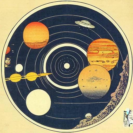 Image similar to the solar system by hokusai