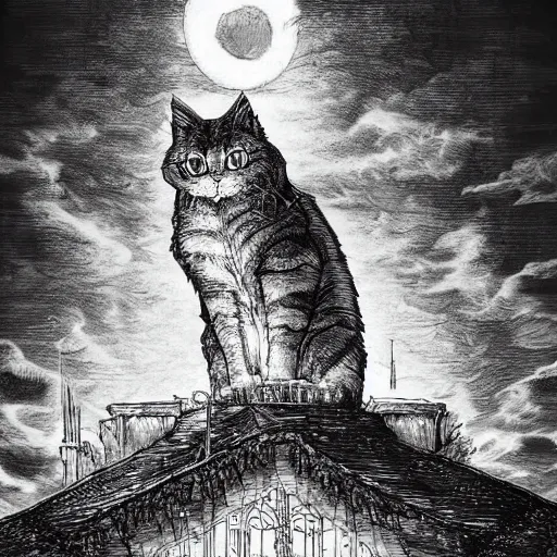 Image similar to a giant cat sitting on top of a victorian castle spire, cat god, style of kentaro miura!!!!, black and white, finely detailed