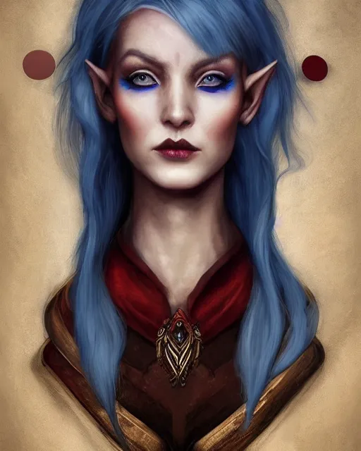 Prompt: A detailed matte oil on canvas head on symmetrical portrait of a distinguished elven woman with half red and blue hair (((((makeup))))) and ((((eye shadow)))) by Charlie bowater and lise deharme wlop, trending on artstationhd, dungeons and dragons art, critical role, split hair dye, half and half dye, two tone dye