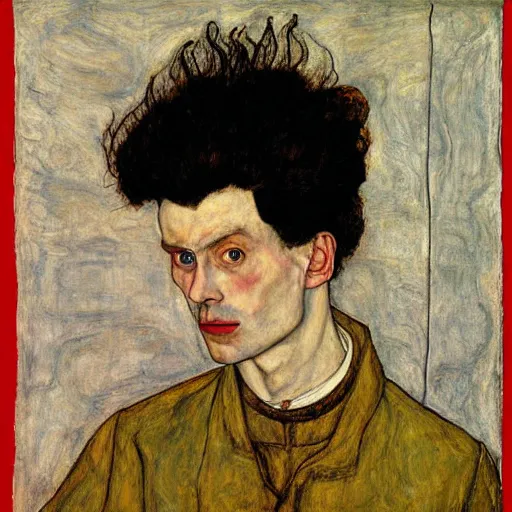 Prompt: portrait of egon schiele by jan van eyck