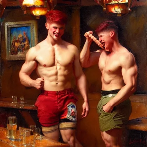 Prompt: attractive muscular male with red hair and attractive muscular male with black hair. pants and shorts, drinking their hearts out, having fun, in a pub. very defined painting by gaston bussiere, j. c. leyendecker, craig mullins 8 k