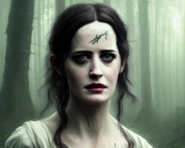 Prompt: 5 5 mm portrait photo of a real life tough looking eva green as ciri with ashen hair and a large scar along her left cheek, in a magical forest. dark atmosphere. art by greg rutkowski. highly detailed 8 k. intricate. lifelike. soft light. nikon d 8 5 0.