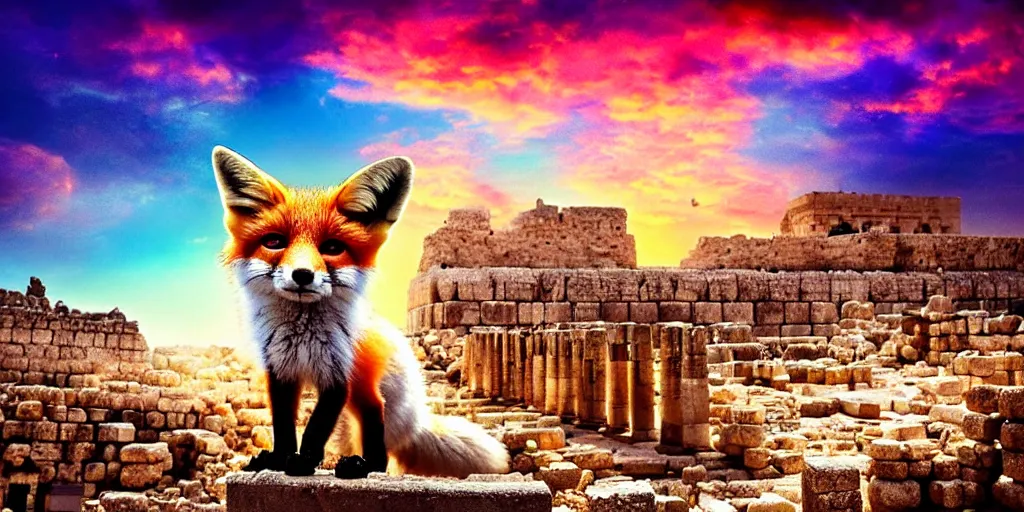 Image similar to a beautiful small fox in the huge ruins of the second temple in jerusalem, dreamy sky, the third temple hovers quietly hiding in the sky above, very colorful painting 8 k trending on art station, intricate superb details, digital art, cinematic lighting, volumetric lighting, photographic, blur bokeh defocus dof sky by afremov, award winning masterpiece.