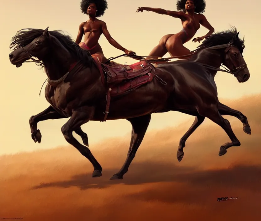 Image similar to full body portrait of beautiful black woman riding a thoroughbred, cinematic, highly detailed, digital painting, artstation, concept art, smooth, sharp focus, illustration, face by wlop, illustrated by mars ravelo and greg rutkowski