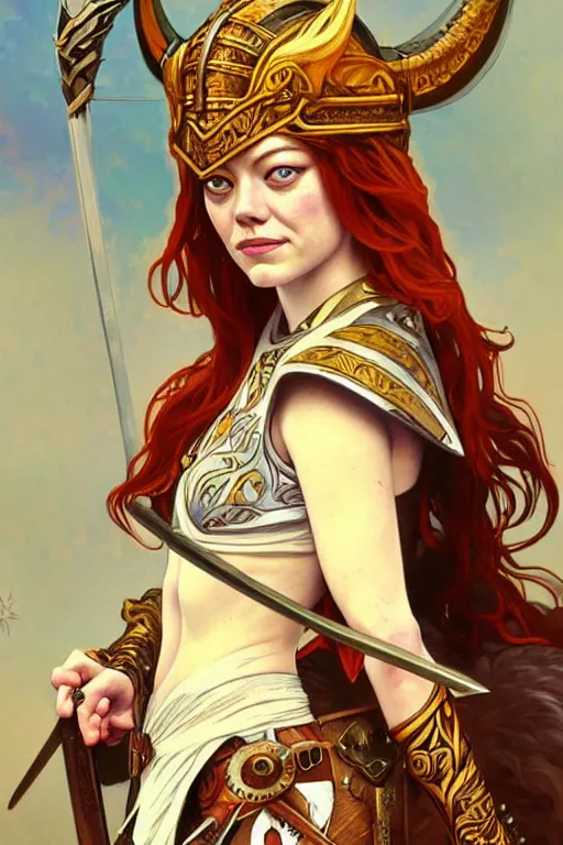 Prompt: Emma Stone as an Viking warrior angel, fantasy, intricate, elegant, highly detailed, digital painting, artstation, concept art, smooth, sharp focus, illustration, art by alphonse mucha