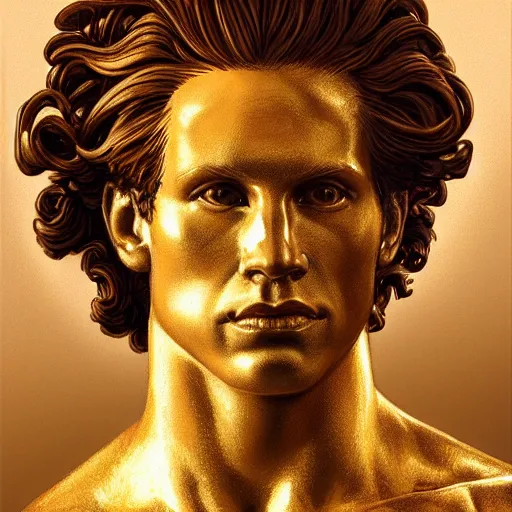 Image similar to ultra realistic illustration, a golden statue of a herculean glenn howerton as the god apollo, intricate, elegant, highly detailed, digital painting, artstation, concept art, smooth, sharp focus, illustration, art by artgerm and greg rutkowski and alphonse mucha