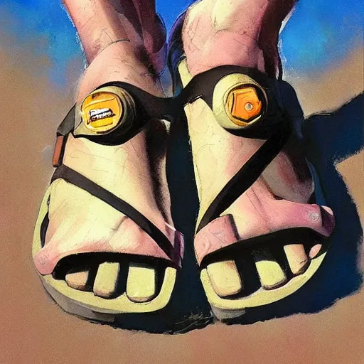 Prompt: water resistant brand new mountain sandals, by Craig mullins, Steve Purcell, Ralph McQuarrie. Design. Fashion. Trending on artstation. Centered image, no background
