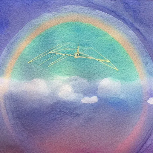 Image similar to low - angel view, from 1 0 0 0 meters in the distance, vague uap interstellar vehicle on top of an ephemeral rainbow in the sky, muted watercolor. minimalist, detailed, heavy under paint, muted colors. ue 5