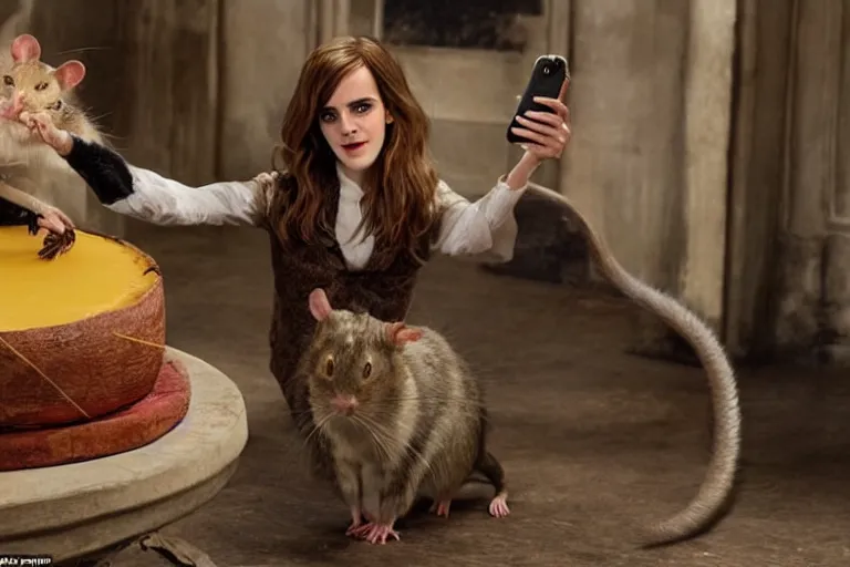 Prompt: selfie, emma watson as anthropomorphic furry - rat, she is rat, cats around, eating cheese, highly detailed, intricate details