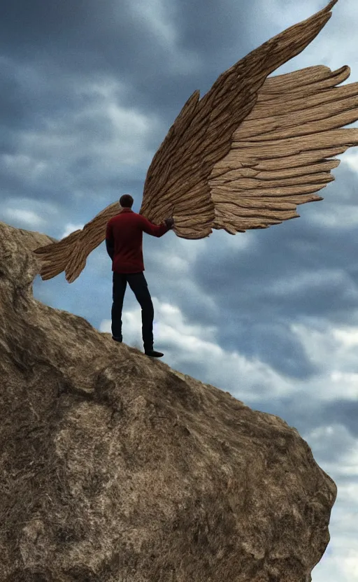 Prompt: a man standing on a cliff ready to jump with his home made wings made out of wood, photorealistic,