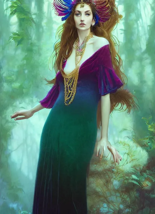 Prompt: ombre velvet gown, peacock colors, feathers, lovely bohemian princess, portrait, dramatic light on face, long hair, tiara, dozens of jeweled necklaces, feral languid woman, by greg rutkowski, brom, anato finnstark, alphonse mucha