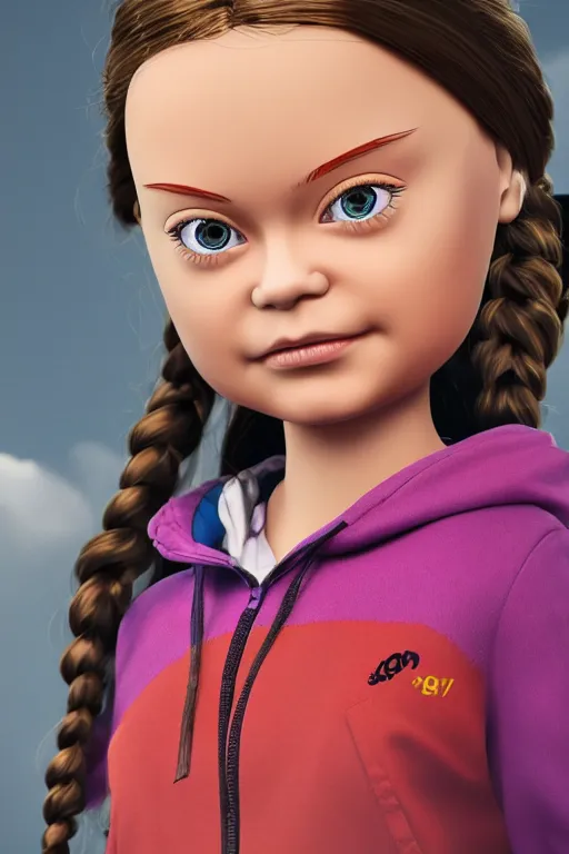 Image similar to greta thunberg as a barbie doll, vivid colors, high details, cinematic, 8k resolution, beautiful detailed, photorealistic, digital painting, artstation, concept art, smooth, sharp focus, illustration, fantasy background, artstation trending, octane render, unreal engine