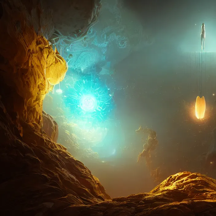 Image similar to within a flower the whole and finite capsule apparent with awe the apparition, an idea seep's into infinity highly detailed in volumetric latent space, golden turquoise steampunk, high contrast cinematic light, mystical shadows, sharp focus, divine realm of gods, octane render, artist by greg rutkowski,