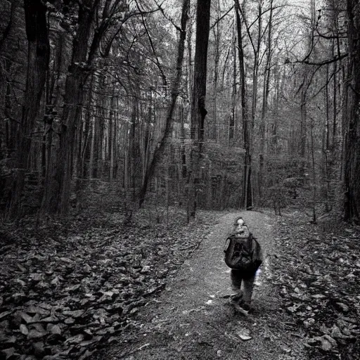 Prompt: trail _ camera _ photo _ of _ a _ minion _ in _ the _ woods _ realistic _ spooky _ grimdark _ night _ black _ and _ white