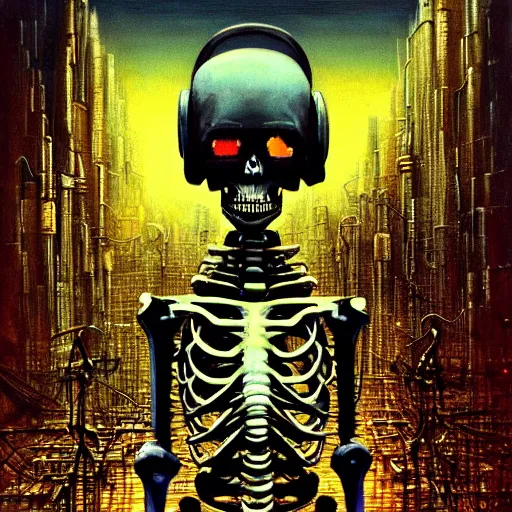 Image similar to cyborg skeleton robot, sharp boney angles, wires and lights exposed, skeleton has guns for hands, detailed cyberpunk city in background, beksinski style oil pairing on canvas, highly detailed