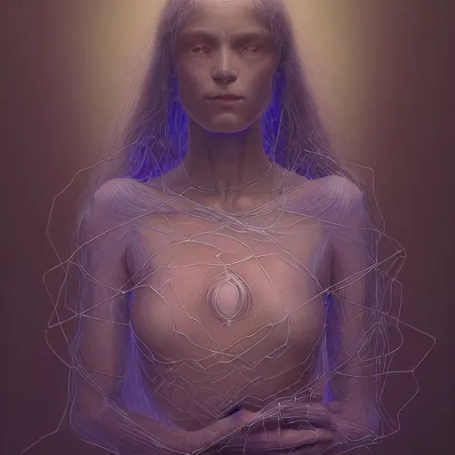 Image similar to Woman's portrait, crystals, flat background, glowing, wires everywhere, by Edgar Maxence and Ross Tran, Zdzisław Beksiński, and Michael Whelan, distant, gustav dore, H.R. Giger, 8k, octane render