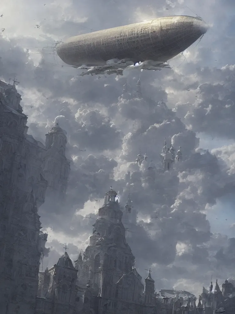 Image similar to a large dieselpunk airship is standing in the air over a splendid white church in russia, full morning sun, matte painting by greg rutkowski, craig mullins