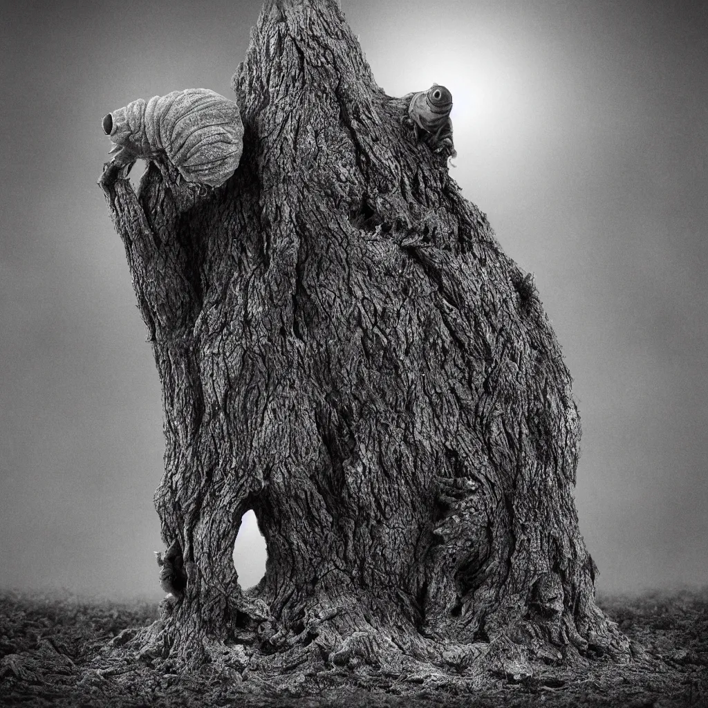 Prompt: a tardigrade in front of a dead tree placed upon a cliff, behind a fence, hazy memory, volumetric, dark black and white in the style of alvin schwartz, epic angles