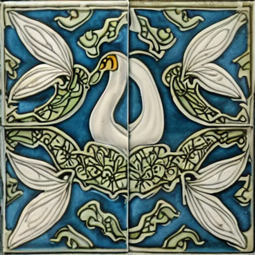 Image similar to beautiful detailed tile design, ceramic paint closeup, depicting swan and waterlily